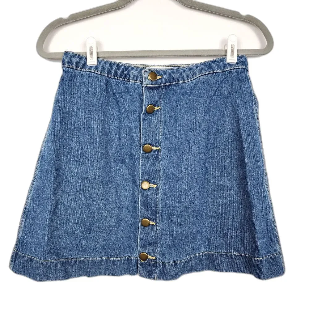 American Apparel Button Front Denim A-Line Mini Skirt Dark Wash Blue Size Medium